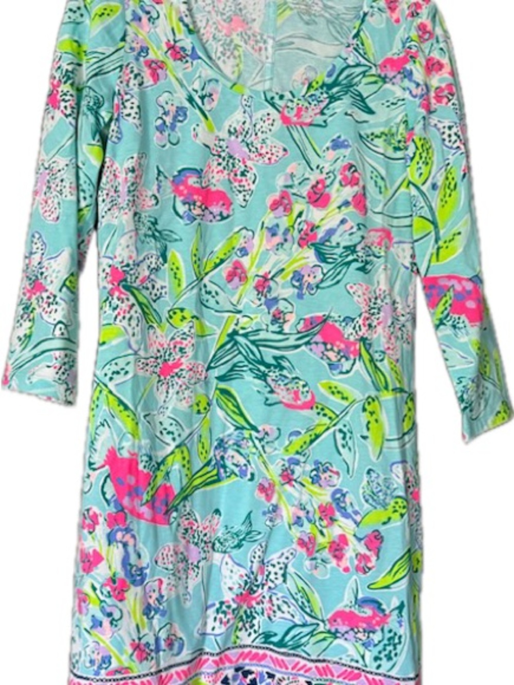 Lilly Pulitzer Aqua Floral Midi Dress with Pink & Lime Accents